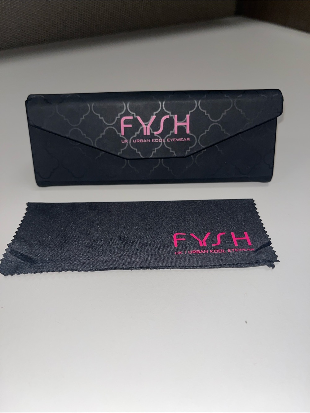 FYSH collapsable Black Sunglass Case with Pink Logo and Matching Cleaning Cloth